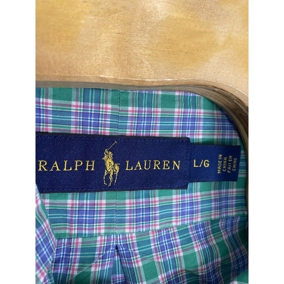 Ralph Lauren Mens Long Sleeve Button Front‎ Shirt Green Plaid Large Cotton Flaw - Picture 4 of 8